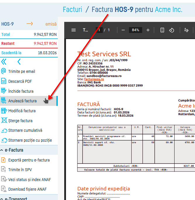 Cum anulez o factură? - pasul 3